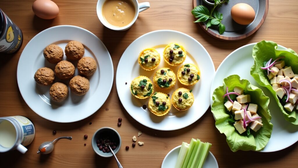 “Three high-protein snacks on a kitchen table: peanut butter protein balls, egg and avocado muffins, and Greek yogurt chicken salad lettuce wraps, ideal for muscle gain and fitness diets.”