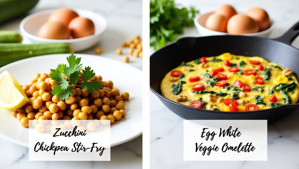 Zucchini Chickpea Stir-Fry served on a white plate with fresh herbs Egg White Omelette with colorful vegetables in a skillet