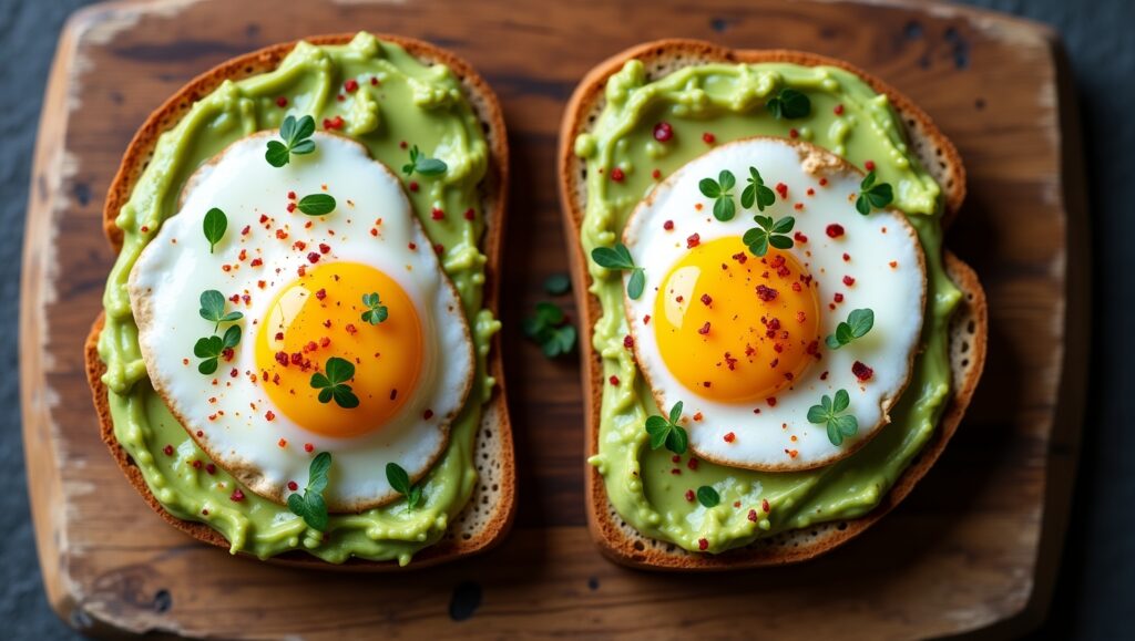 "Ingredients for avocado egg toast including avocado, bread, and eggs on counter"