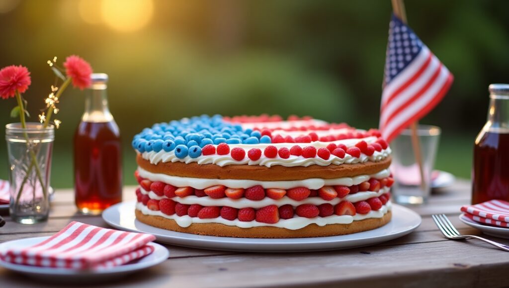 “American Flag Cake decorated with fresh berries”