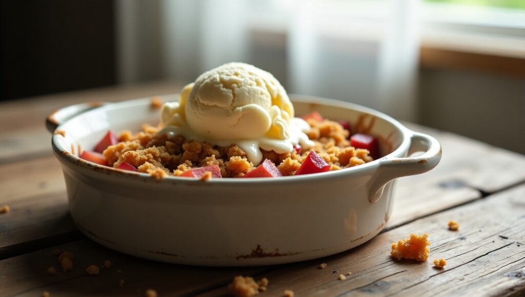 Fresh rhubarb crisp in a white ceramic baking dish, golden and bubbling. Close-up of oat crumble topping on rhubarb crisp with vanilla ice cream melting on top.