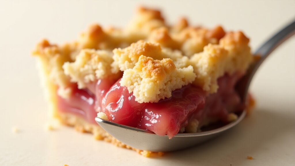 Freshly baked rhubarb pie with golden crust and visible rhubarb filling