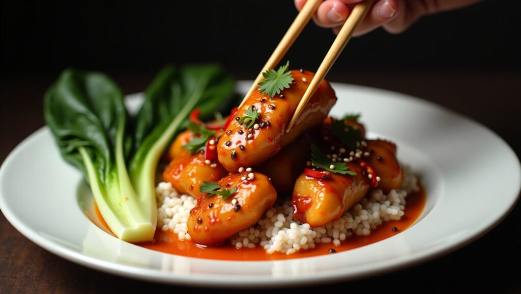 Sizzling spicy ginger chicken in a skillet with scallions and sesame seeds on top