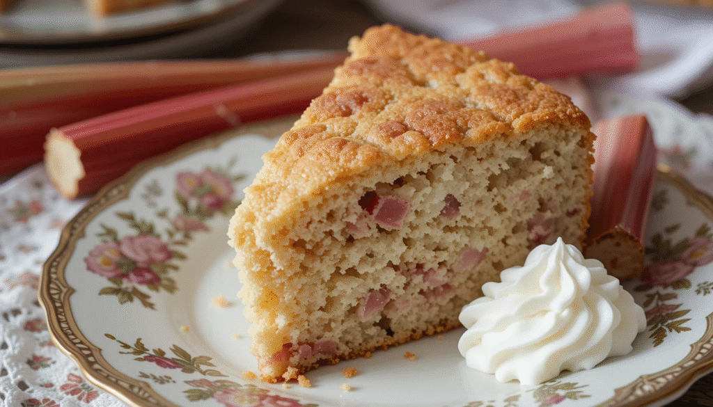 Freshly baked rhubarb cake in a rustic baking dish, golden brown with visible pink rhubarb chunks, cooling on a wooden kitchen table.