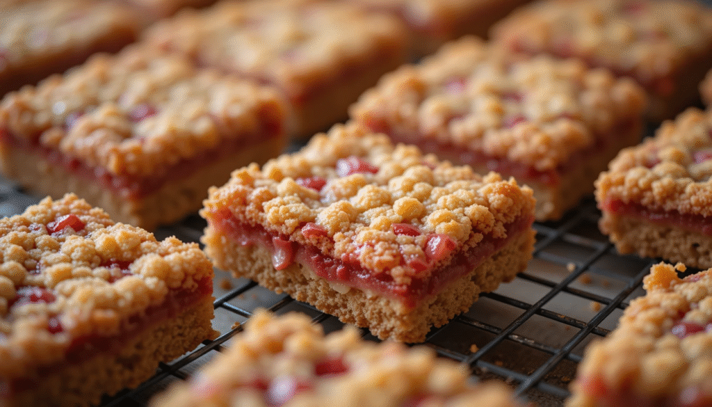 "Freshly baked rhubarb bars with crumb topping on a plate" "Close-up of rhubarb dessert bars showing layers and filling" "Picnic scene with rhubarb bars and fresh rhubarb outdoors"