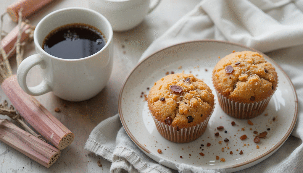 Rhubarb muffins served with coffee on a rustic breakfast table