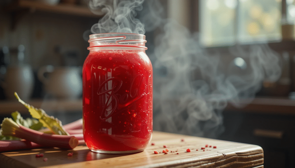 “Homemade rhubarb jam in a mason jar on rustic kitchen table”