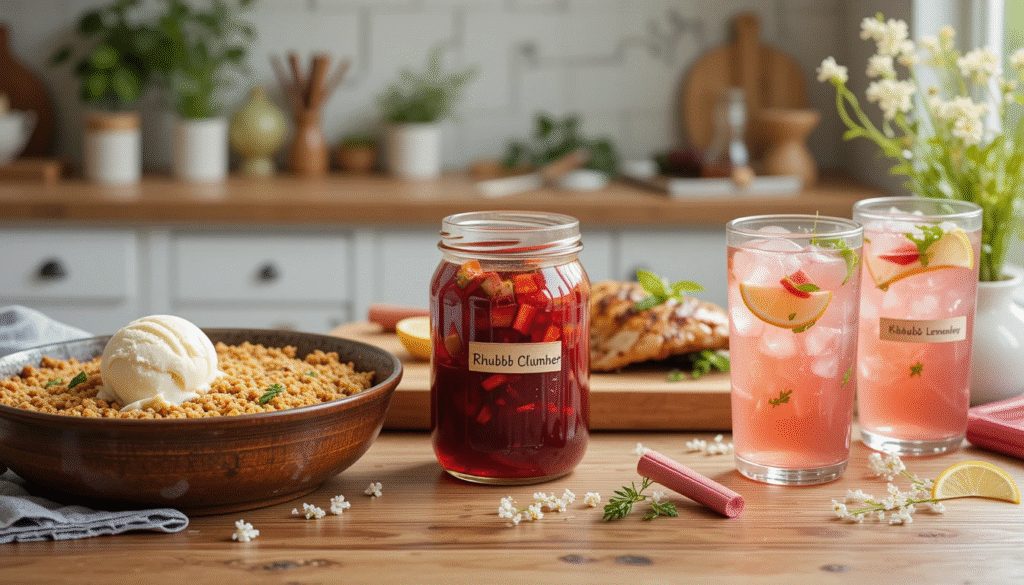 Three rhubarb dishes displayed on a wooden kitchen counter: rhubarb crumble with ice cream, rhubarb chutney with grilled chicken, and rhubarb lemonade with lemon slices and mint in a farmhouse-style kitchen setting.