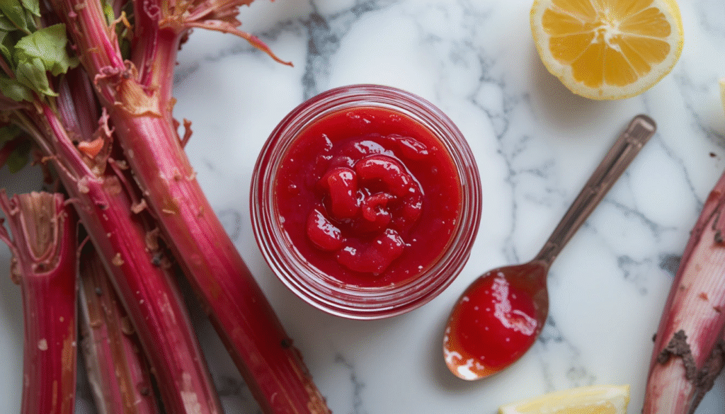 "Homemade rhubarb sauce in a glass jar with a spoon, styled on a white counter with fresh rhubarb in the background"
