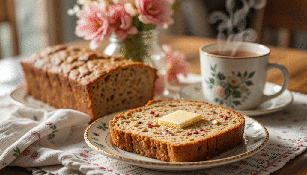 "Moist homemade rhubarb bread sliced on a wooden board with fresh rhubarb stalks and a cup of tea in the background"