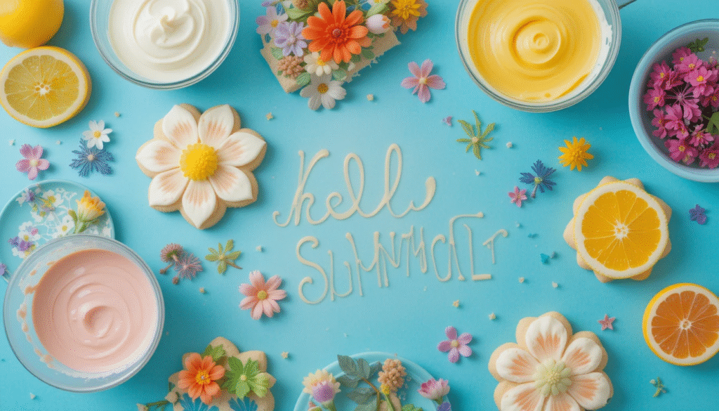 “Freshly baked summer sugar cookies decorated with pastel icing and sprinkles on a white plate with lemon slices and daisies in the background.”