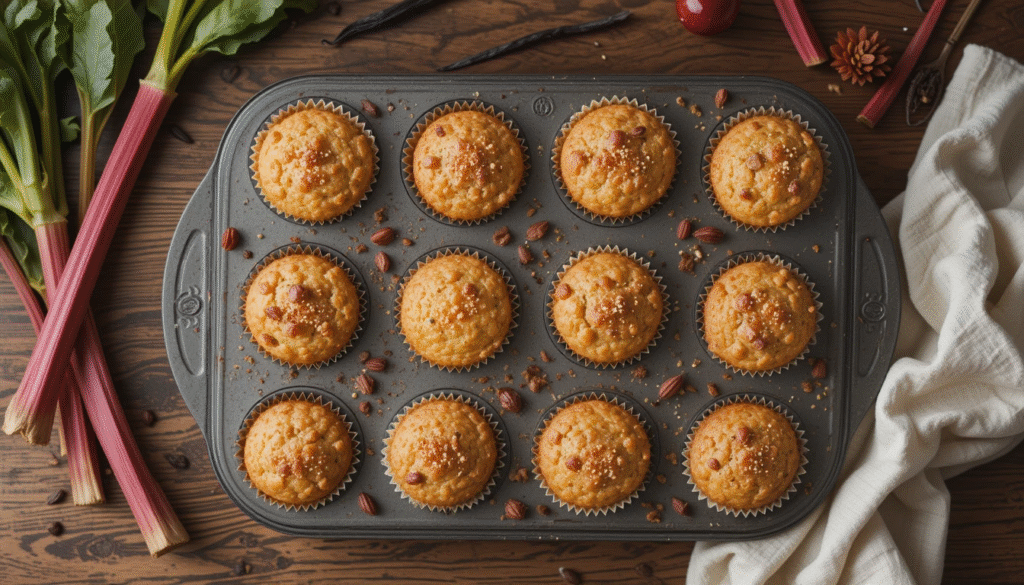 "Freshly baked rhubarb muffins in a muffin tin on a wooden table, surrounded by chopped rhubarb and spring flowers"
