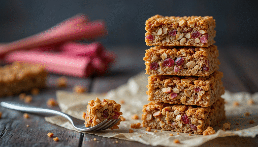“Close-up of sliced rhubarb oat bars on a wooden board with crumble topping and fresh rhubarb stalks in background”