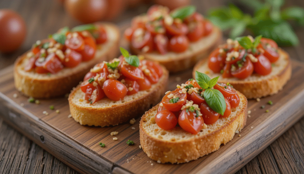 “Rustic Italian bruschetta appetizers on toasted baguette slices topped with tomato, basil, and garlic, served on a wooden board”