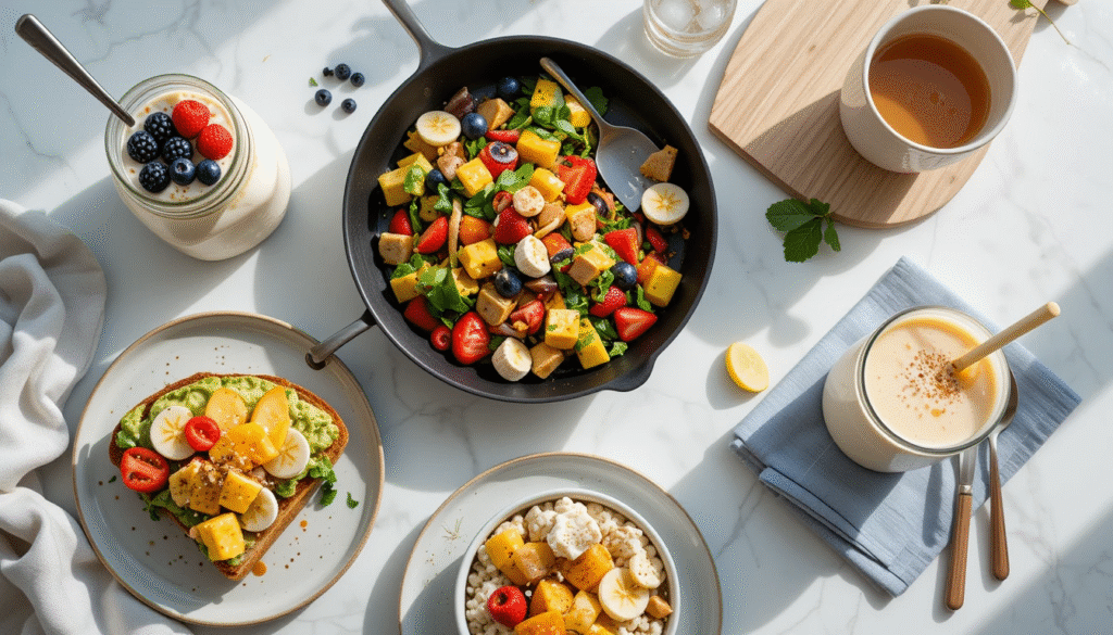 "Overhead view of 5 healthy low-calorie breakfast ideas including Greek yogurt parfait, veggie scramble, avocado toast, protein smoothie, and fruit-topped cottage cheese arranged on a light breakfast table"