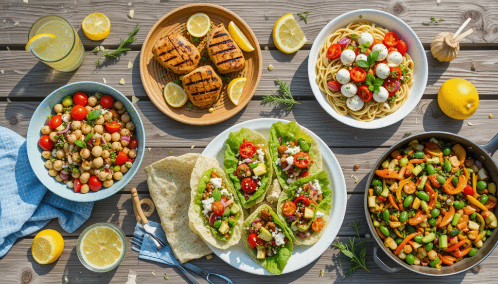 "Top-down view of five easy summer meals displayed on a rustic wooden table, including Mediterranean chickpea salad, grilled lemon herb chicken thighs, Caprese pasta salad, BBQ chicken lettuce wraps, and a colorful veggie stir-fry. Surrounded by summer props like lemon slices, fresh herbs, and a glass of lemonade — bright natural lighting and fresh seasonal presentation."