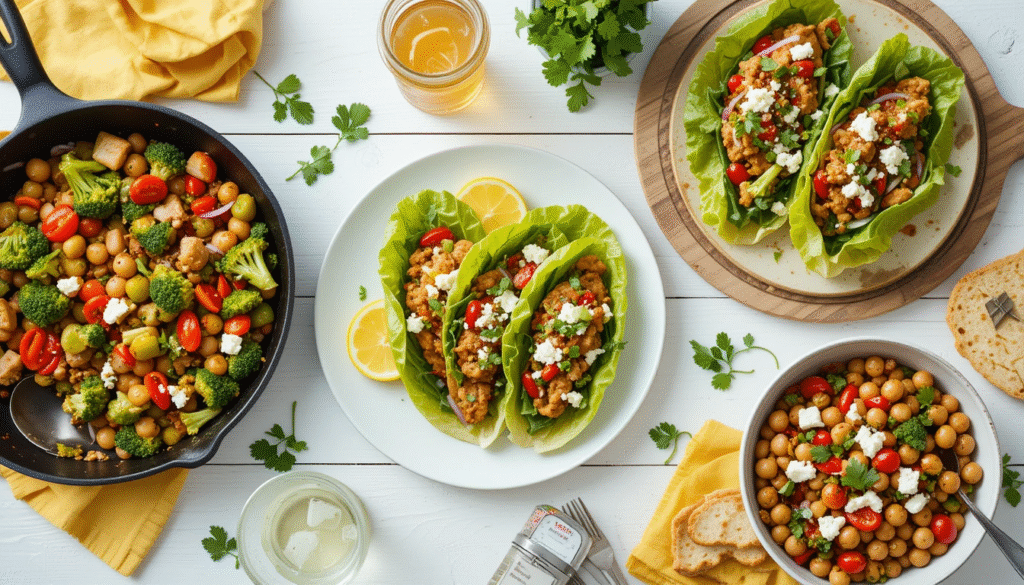 Flat lay of four easy summer meals including veggie stir-fry, grilled chicken salad, turkey lettuce wraps, and chickpea bowl on a white rustic table with summer props