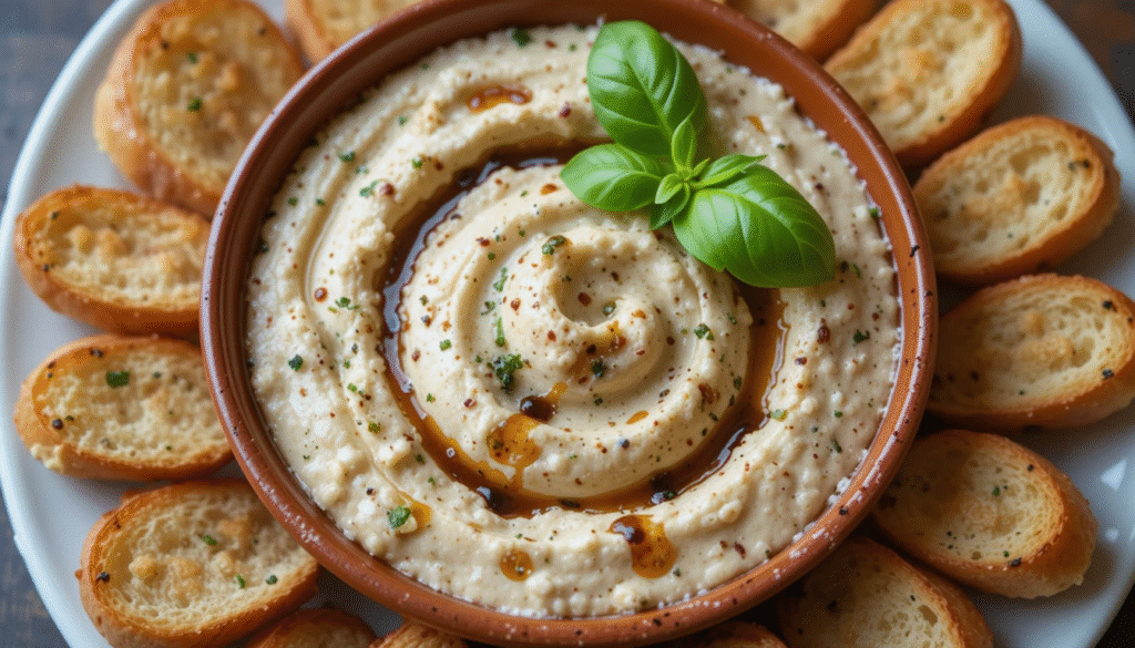 Overhead shot of a bowl of fresh bruschetta dip with chopped tomatoes, basil, and garlic, served with toasted baguette slices on a wooden board.