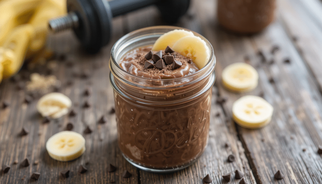 Creamy chocolate protein pudding in a mason jar with banana slices and chocolate chips on top, perfect high-protein snack.
