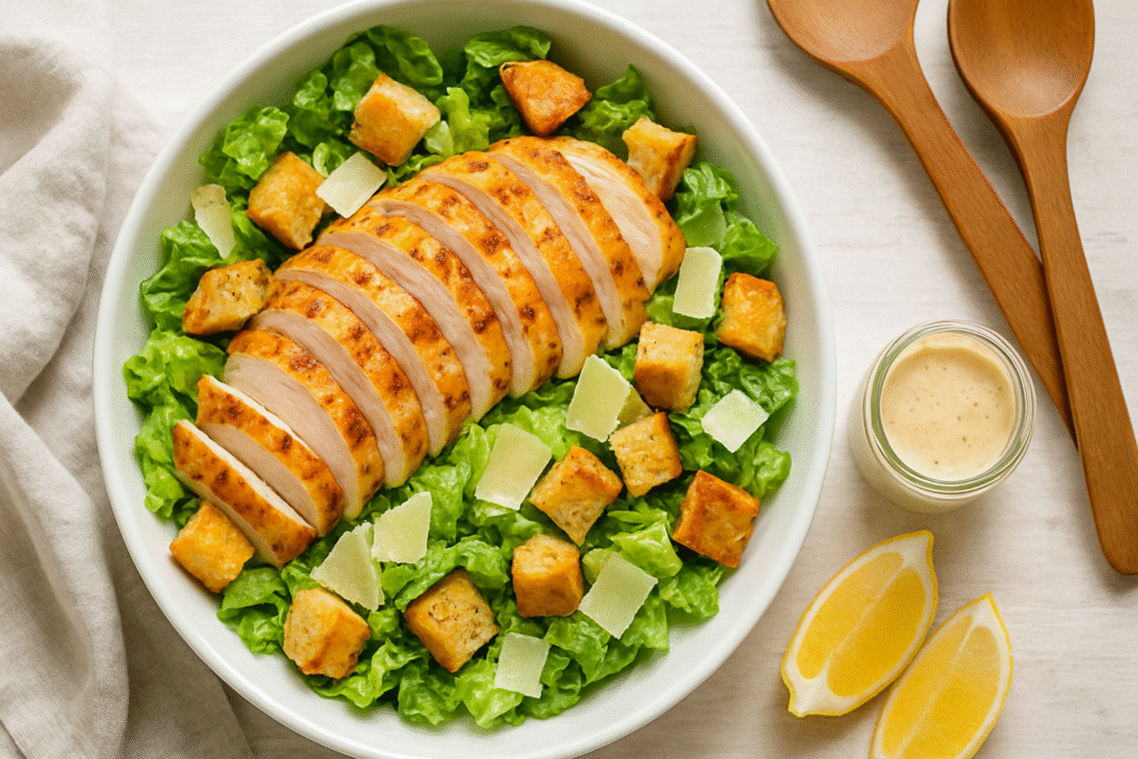 Overhead view of Chicken Caesar Salad in a white bowl with grilled chicken slices, romaine lettuce, croutons, and shaved Parmesan.