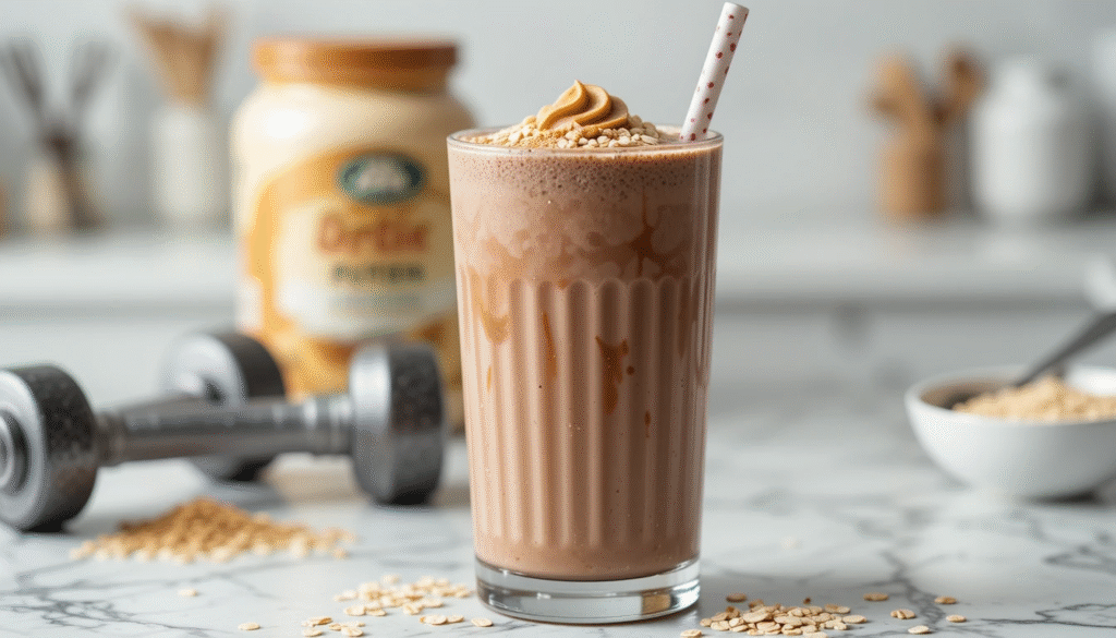 Chocolate muscle gain protein shake in a tall glass with peanut butter and banana, set on a gym-inspired kitchen counter