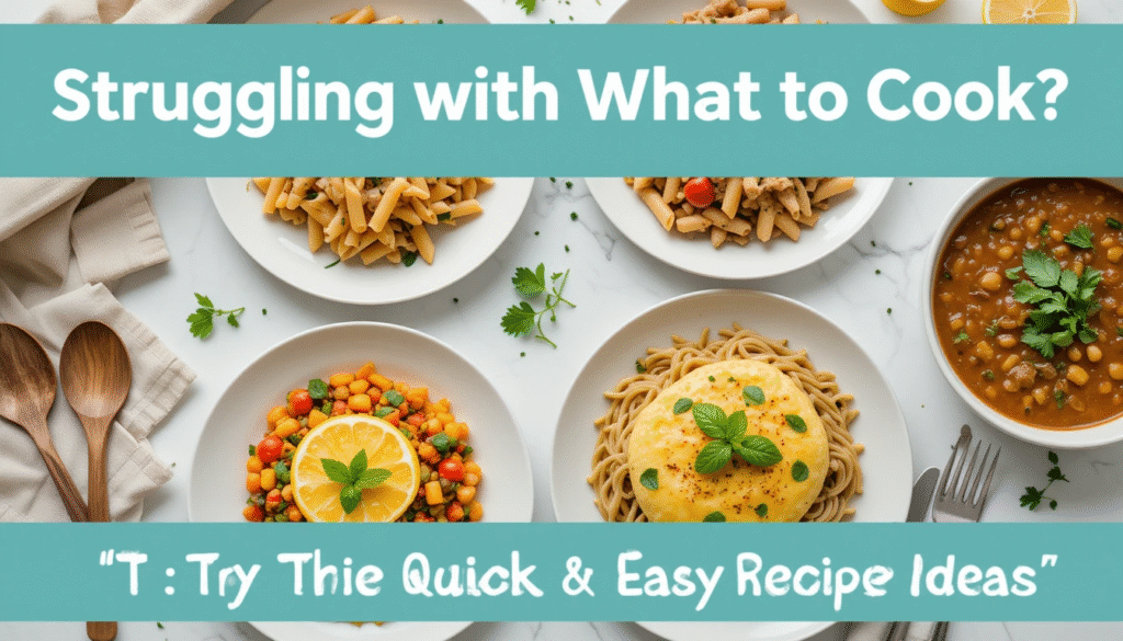 Overhead view of four easy recipe ideas: creamy pasta, chickpea salad, veggie omelette, and lentil soup served on a rustic table.