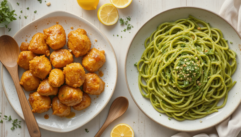 A top-down view of Honey Garlic Chicken and Creamy Avocado Pasta on white plates with lemon slices, herbs, and rustic kitchen props.