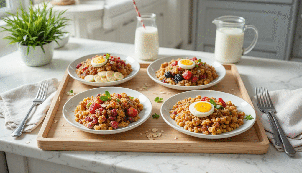 Flat lay of 4 healthy calorie deficit breakfasts on a wooden tray, including parfait, avocado toast, egg scramble, and oats, with fresh morning lighting.