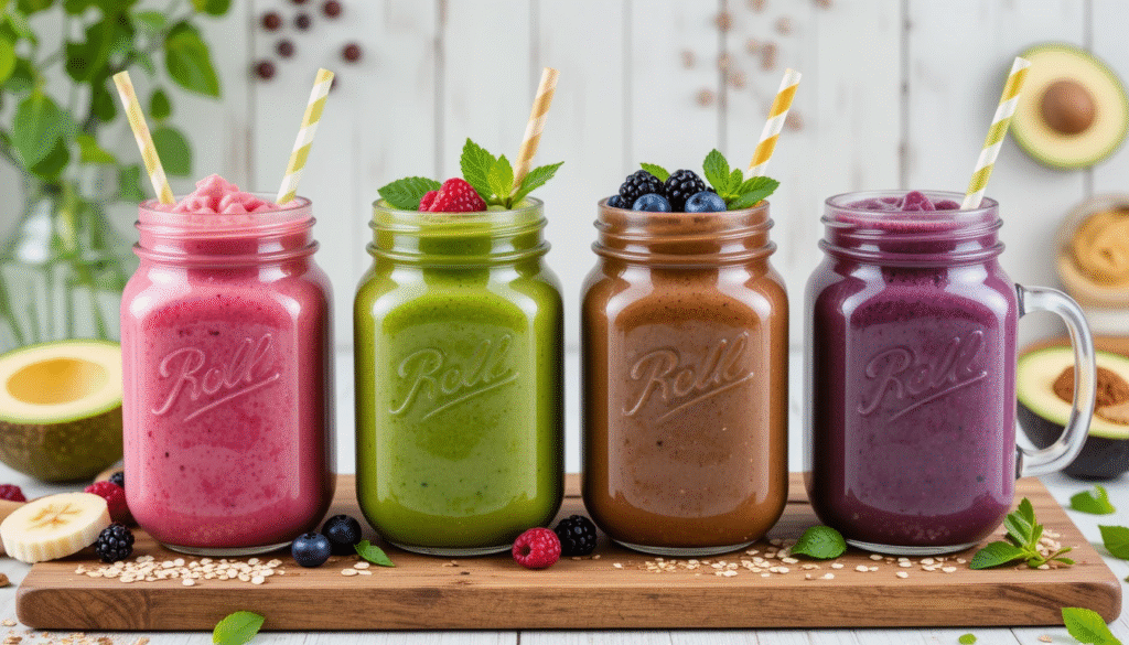 Four colorful smoothies (berry, green, chocolate, and blueberry) in glass jars on a wooden board, surrounded by fresh fruits and ingredients.