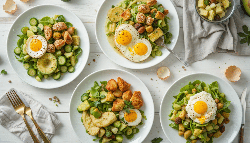 Top view of 4 low carb high protein breakfasts including egg muffins, protein waffle, chicken bowl, and lettuce wraps on a white kitchen background.