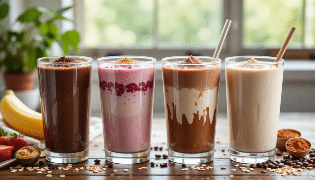 “Four high-protein muscle gain shakes in glasses on a wooden table, featuring ingredients like banana, strawberries, oats, and peanut butter.”
