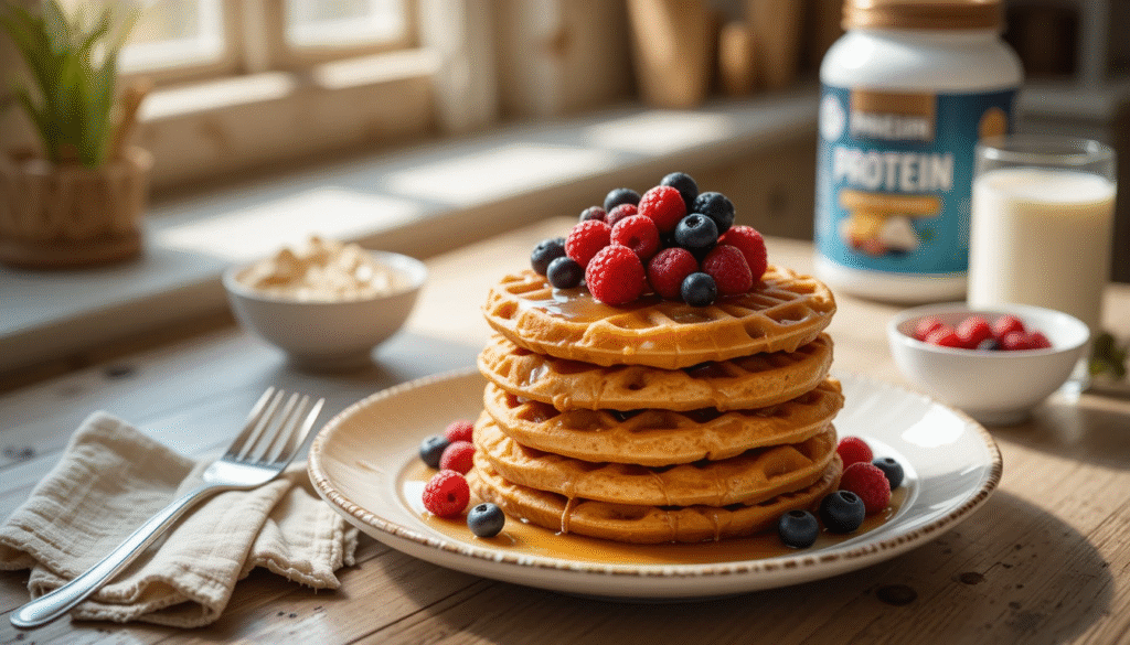 Stack of golden brown crispy protein waffles topped with berries and syrup on a white plate with a side of almond milk.