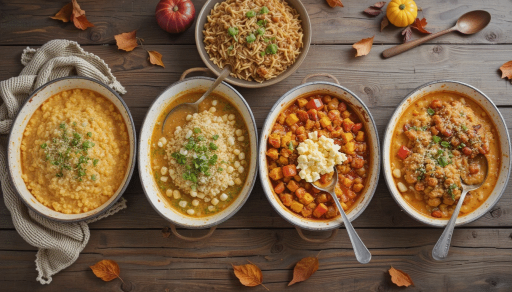 Overhead shot of four cozy comfort food dishes including mac and cheese, chicken pot pie, tomato soup, and mashed potato casserole on a rustic table.