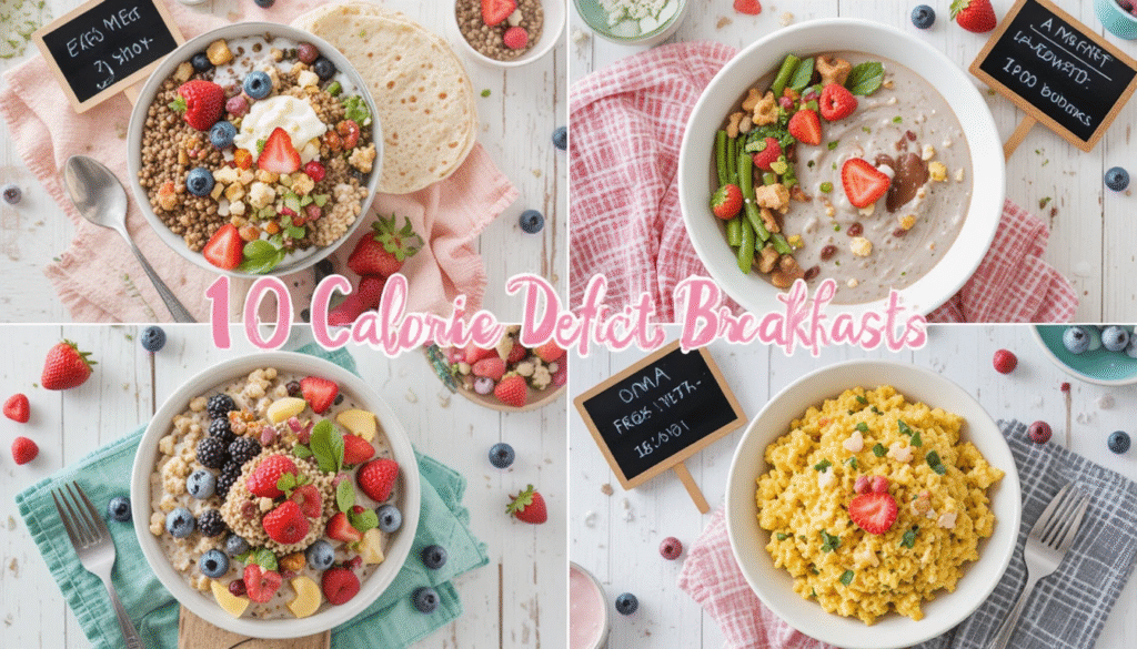 Top view of a colorful spread of healthy low-calorie breakfast items like yogurt bowls, egg wraps, and smoothies, styled with berries and herbs.