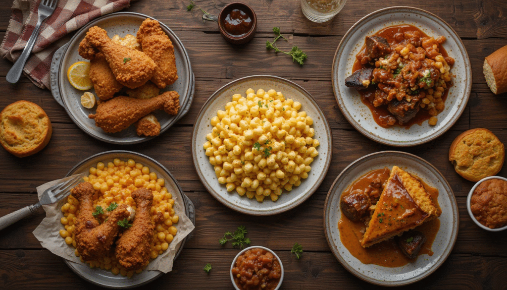 Flat lay of Southern comfort food including fried chicken, mac and cheese, oxtails, and sweet potato pie on a wooden table