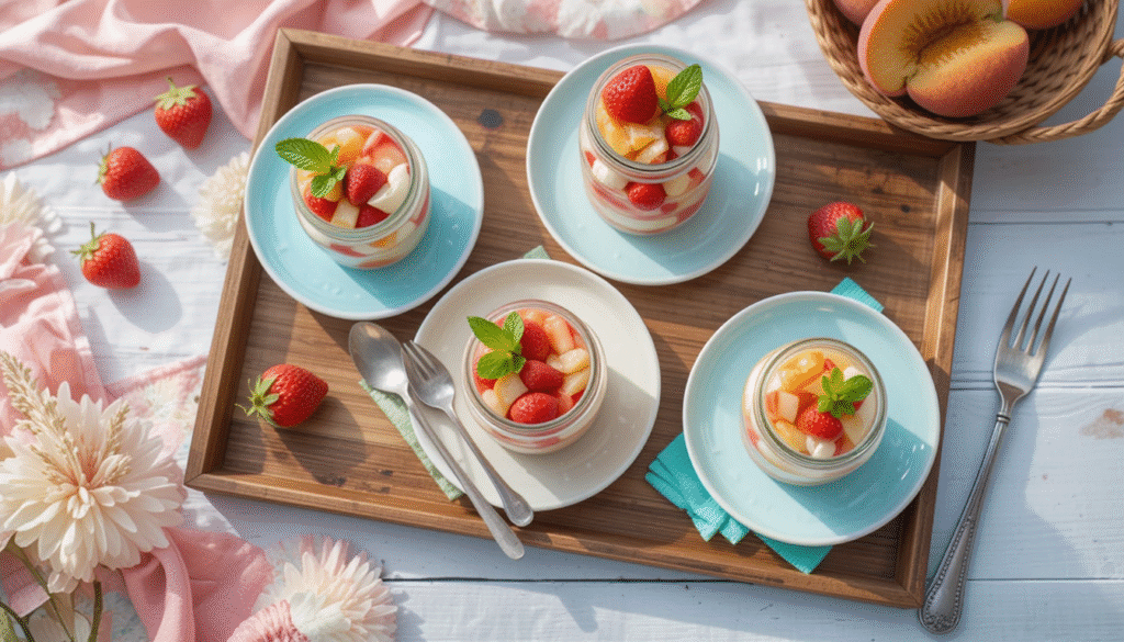 Colorful variety of 10 summer desserts displayed on a wooden table with fresh fruit and mint
