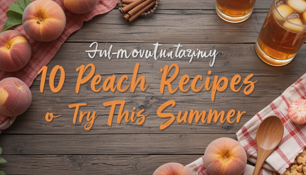 A rustic table with fresh peaches, peach cobbler, and a glass of iced tea styled for a summer food blog.