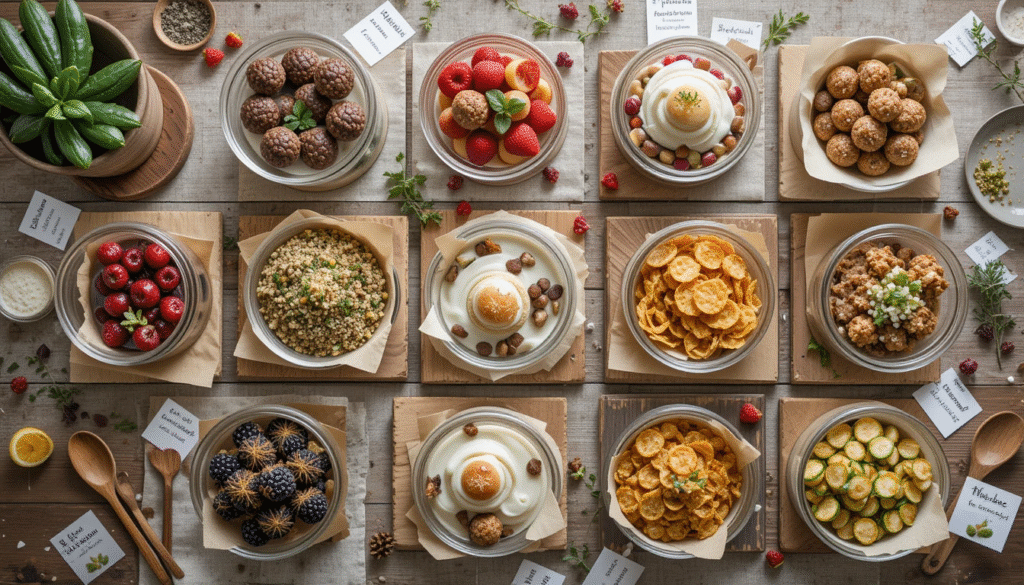 Top view of 10 different healthy snacks displayed in small bowls and plates on a rustic table, including energy balls, parfaits, and veggie cups.