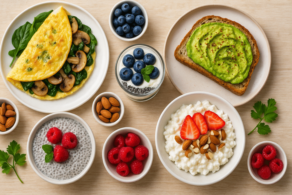 Flat lay of 5 healthy breakfast recipes for diabetics including veggie omelet, Greek yogurt parfait, avocado toast, chia pudding, and cottage cheese bowl.