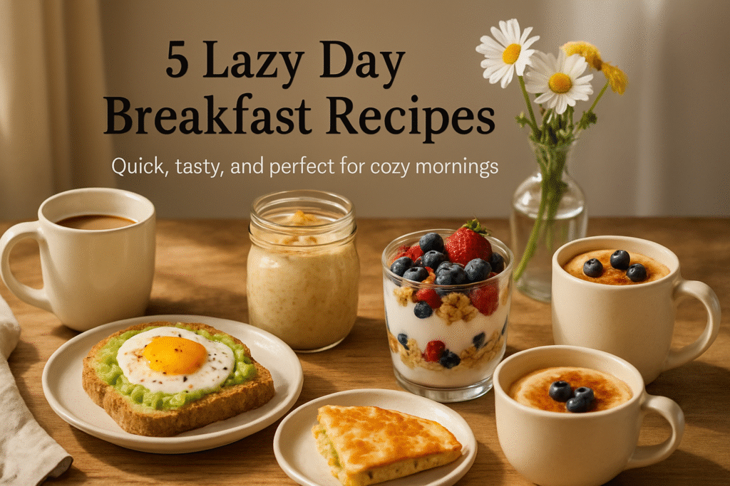 5 lazy day breakfast recipes including overnight oats, avocado toast, yogurt parfait, breakfast quesadilla, and mug pancake served on a cosy kitchen table