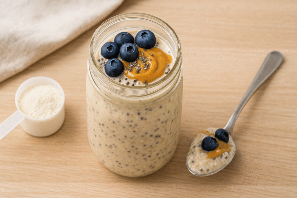 Glass jar of high protein overnight oats topped with peanut butter and blueberries on a wooden table.