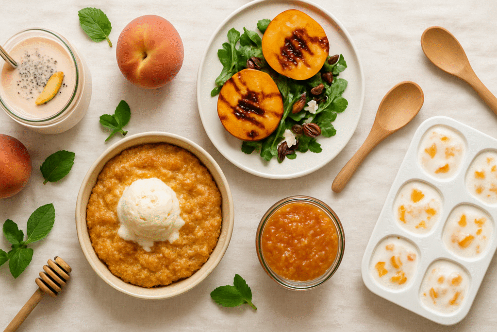 Peach recipes displayed in bowls and plates including smoothie, cobbler, salad, jam, and frozen bites on a summer-themed table