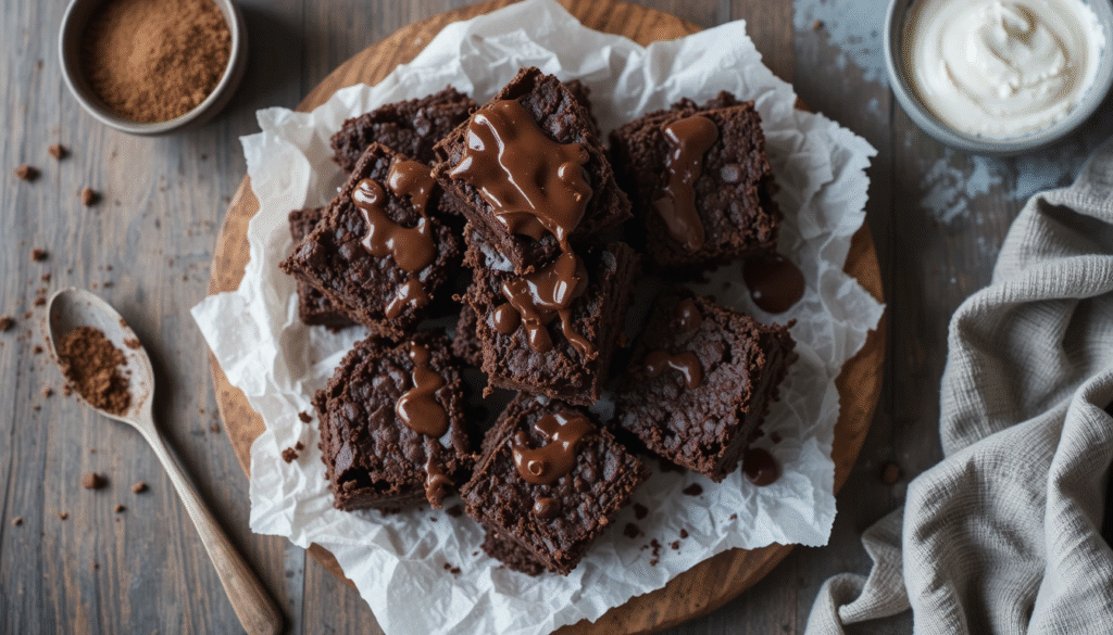 Fudgy zero sugar brownies stacked on parchment paper with Greek yogurt bowl and rustic background
