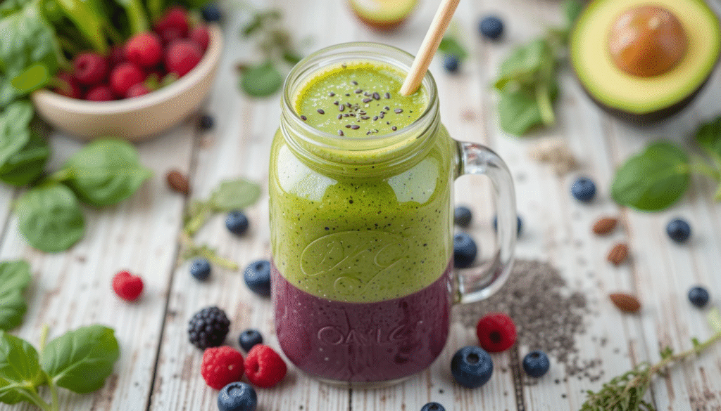 Colorful diabetic-friendly smoothie in a mason jar with berries, spinach, and avocado on a rustic table