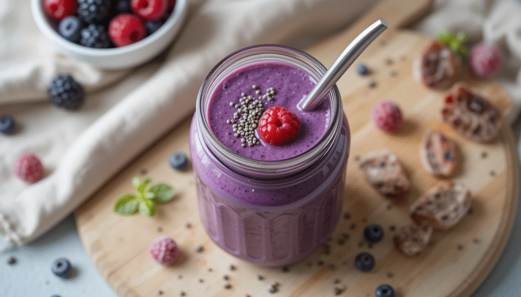 Overhead photo of a purple diabetic-friendly smoothie in a mason jar with chia seeds and berries, perfect for a low-sugar breakfast.