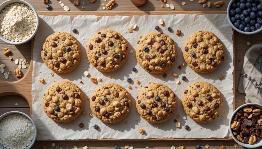 5 healthy oatmeal protein cookies recipes – peanut butter chocolate chip, cinnamon raisin, banana walnut, blueberry almond, and double chocolate cookies