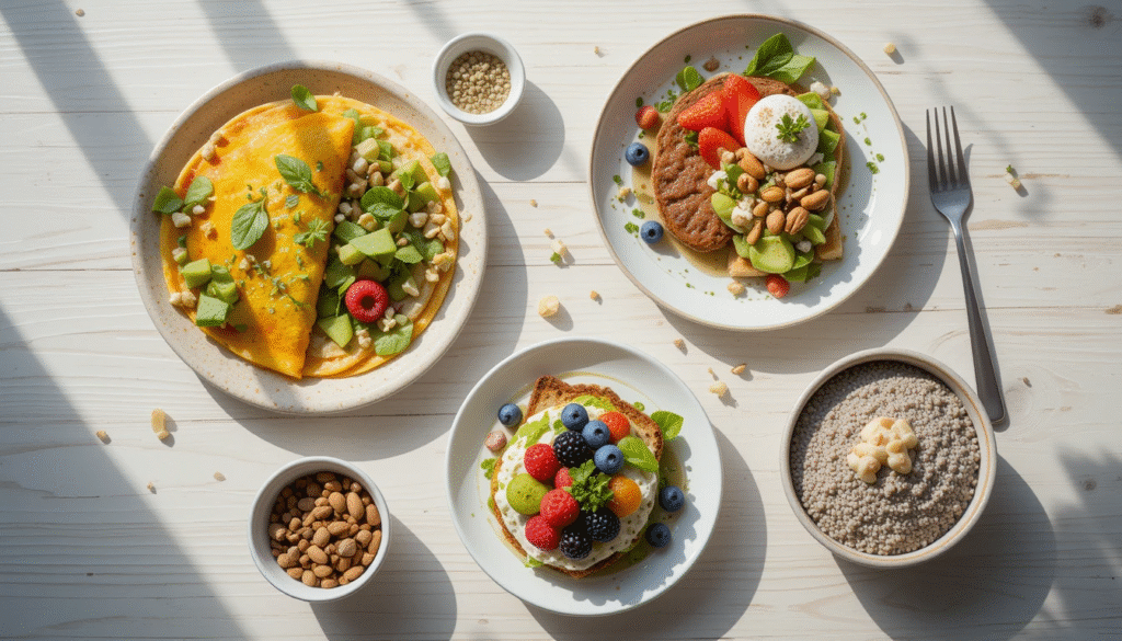 5 diabetic breakfast recipes – flat lay of veggie omelet, Greek yogurt parfait, avocado toast, chia seed pudding, and cottage cheese bowl, healthy and blood sugar-friendly meals.
