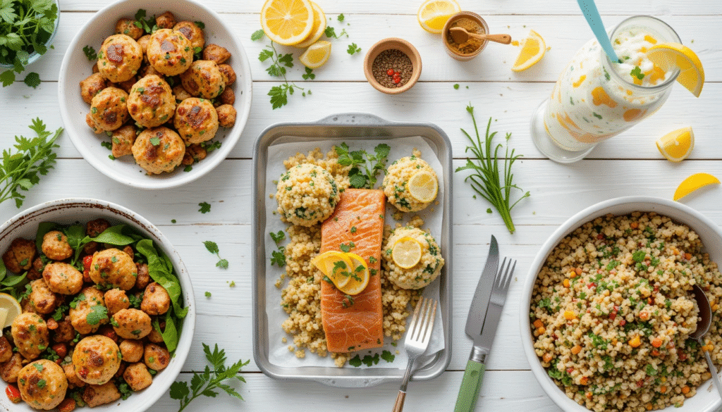 5 simple healthy recipes including grilled chicken bowl, egg muffins, baked salmon, quinoa salad, and yogurt parfait.
