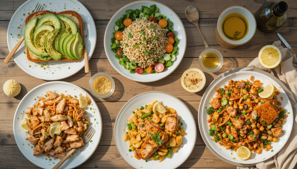 5 healthy recipes flat lay – avocado toast, quinoa bowl, chicken salad, veggie stir-fry, and baked salmon on a wooden table.