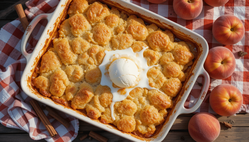 5 peach cobbler recipes shown in a rustic summer flat lay with golden crust cobbler, vanilla ice cream, fresh peaches, and cinnamon sticks on a picnic cloth.